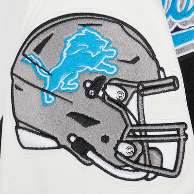Detroit Lions Script Tail Black Wool & White Genuine Leather Sleeves Men's Varsity Jacket