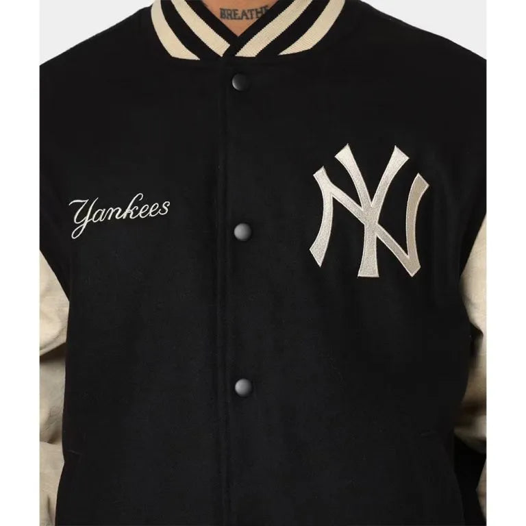 New York Yankees World Series Black Wool & Leather Full-Snap Varsity Jacket