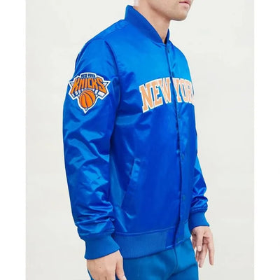New York Knick Wordmark Full-Snap Varsity Royal Blue/Orange Satin Men's Bomber Jacket