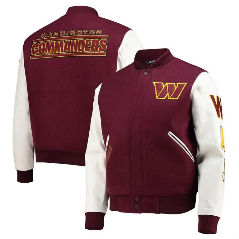 Washington Commanders Burgundy Wool & White Genuine Leather Sleeves Men's Varsity Letterman Jacket