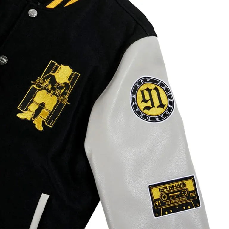 Death Row Records Collegiate Black Wool & White Genuine Leather Sleeves Men's Letterman Varsity Jacket