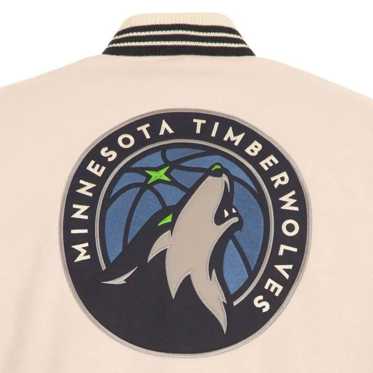 Minnesota Timberwolves Varsity Cream Wool & Black Genuine Leather Sleeves Men's Jacket