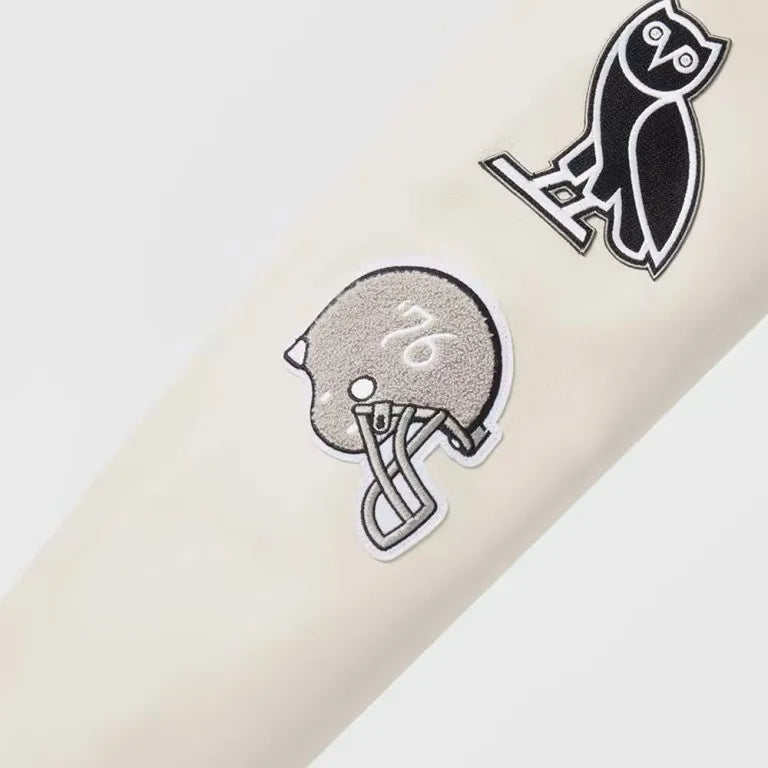 OVO Los Vegas Raiders Black Wool and White Genuine Leather Sleeves Men's Varsity Letterman Jacket