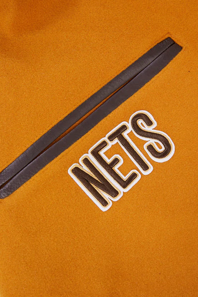 Brooklyn Nets NBA Orange Wool & Brown Genuine Leather Sleeves Men's Varsity Letterman Jacket