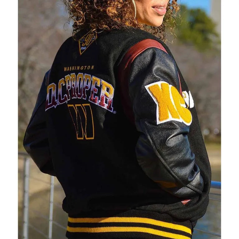 90th Anniversary Washington Commanders DC Proper Black Wool & Genuine Leather Sleeves Men's Varsity Letterman Jacket