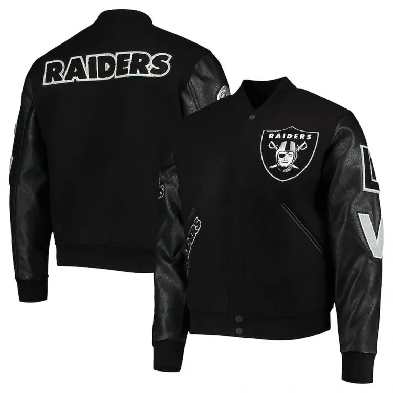 Los Vegas Raiders Black Wool and Genuine Leather Sleeves Men's Varsity Letterman Jacket