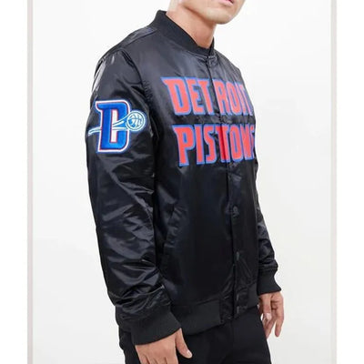 Detroit Pistons Big Logo Full-Snap Varsity Black Satin Men's Bomber Jacket