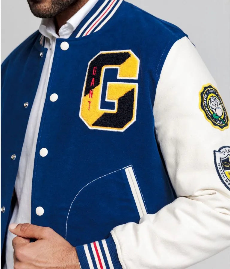 Gant The Gant Spring Blue Wool & White Genuine Leather Sleeves Men's Letterman Varsity Jacket