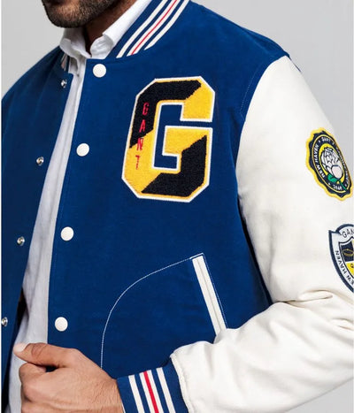 Gant The Gant Spring Blue Wool & White Genuine Leather Sleeves Men's Letterman Varsity Jacket