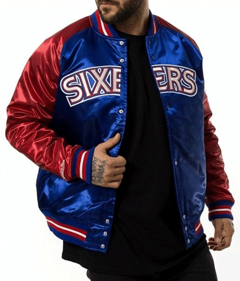 Philadelphia 76ers NBA  Full-Varsity Blue and Red Satin Men's Bomber Jacket
