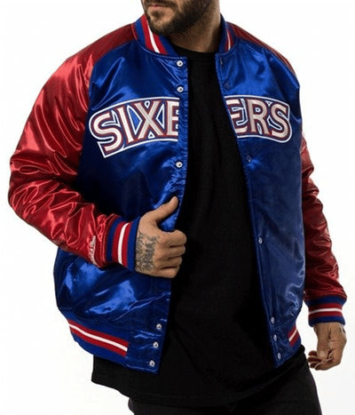 Philadelphia 76ers NBA  Full-Varsity Blue and Red Satin Men's Bomber Jacket