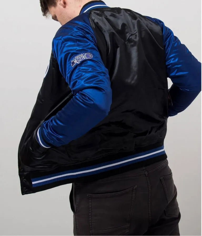 Orlando Magic Full-Snap Varsity Blue and Black Satin Men's Bomber Jacket