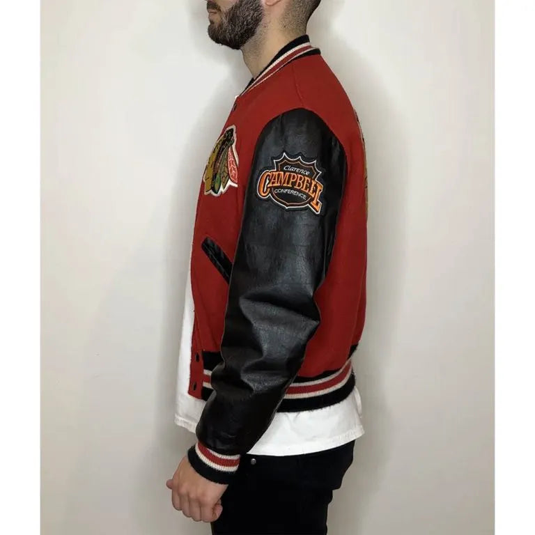 Chicago Blackhawks Campbell Red Wool & Black Genuine Leather Sleeves Men's Letterman Varsity Jacket