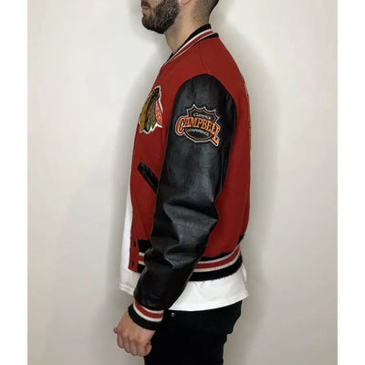 Chicago Blackhawks Campbell Red Wool & Black Genuine Leather Sleeves Men's Letterman Varsity Jacket