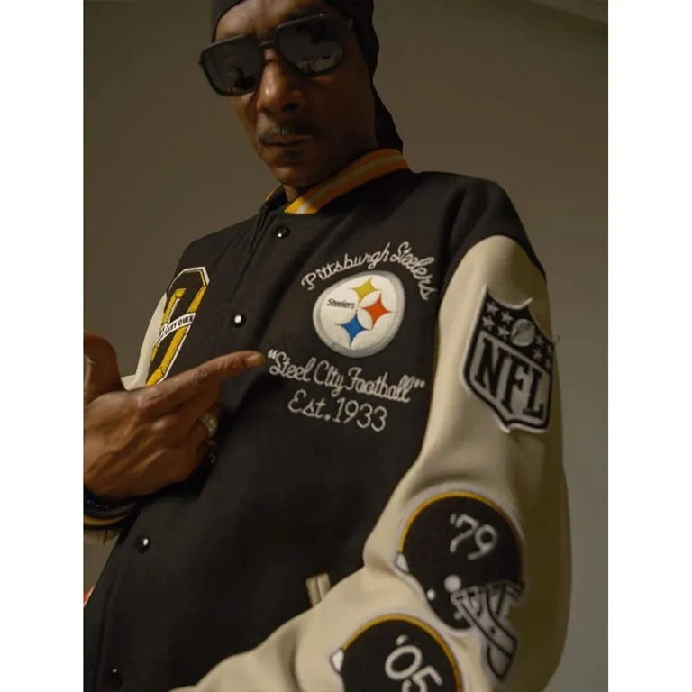 Pittsburgh Steelers Snoop Dogg OVO Black Wool & White Genuine Leather Sleeves Men's Varsity Letterman Jacket