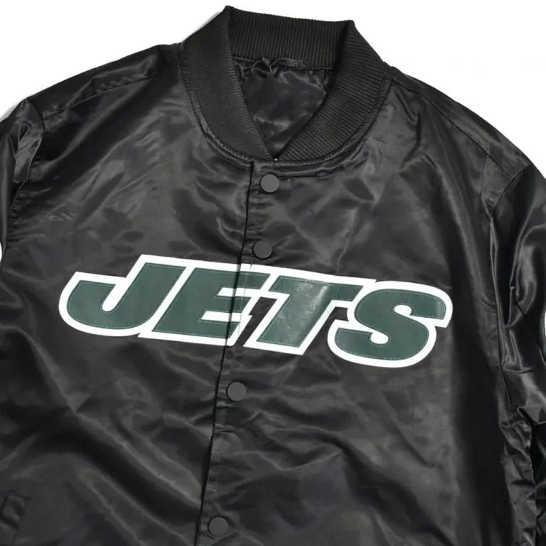 New York Jets Wordmark Full-Snap Varsity Black Satin Men's Bomber Jacket