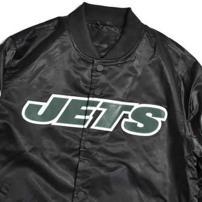 New York Jets Wordmark Full-Snap Varsity Black Satin Men's Bomber Jacket