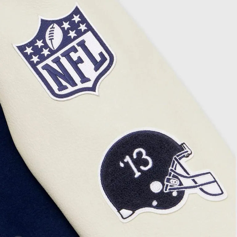 OVO Seattle Seahawks Navy Blue Wool & White Genuine Leather Sleeves Men's Varsity Letterman Jacket