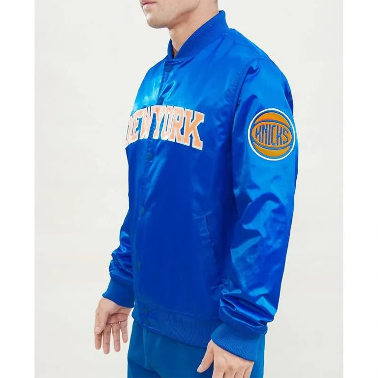 New York Knick Wordmark Full-Snap Varsity Royal Blue/Orange Satin Men's Bomber Jacket