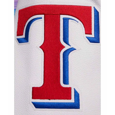Texas Rangers Script Tail Blue Wool & White Leather Sleeves Varsity Men's Jacket