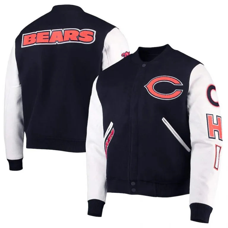 Chicago Bears Black Wool & White Genuine Leather Sleeves Full-Snap Men's Varsity Jacket