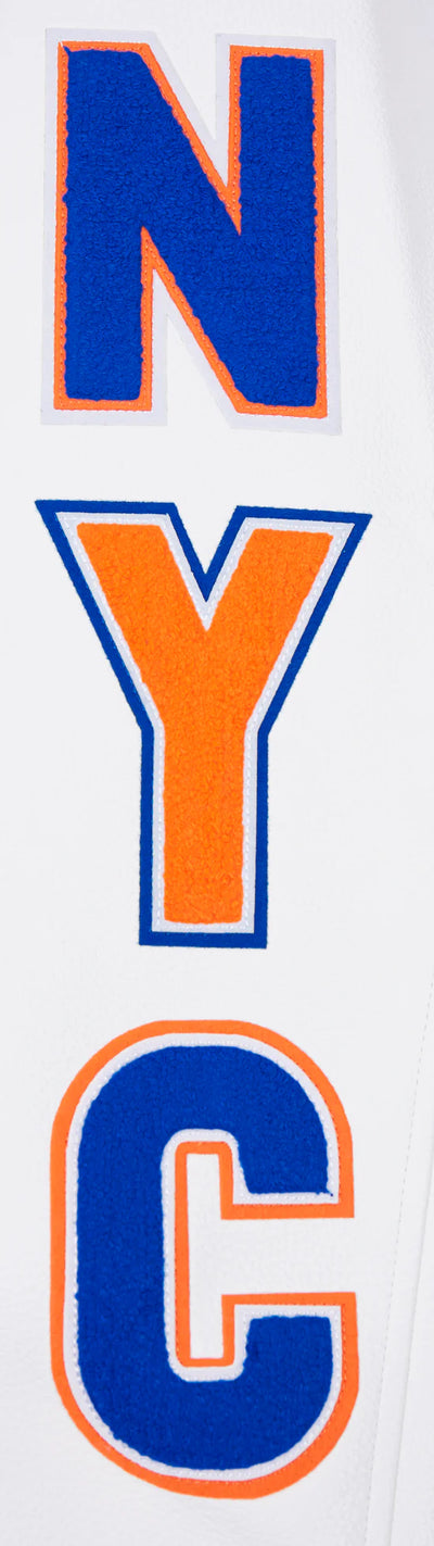 New York Knicks Script Tail Varsity Royal Blue Wool & White Genuine Leather Sleeves Men's Letterman Jacket