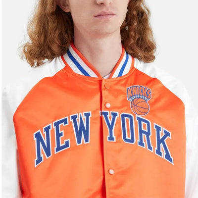 New York Knick Prime Time Full-Snap Varsity Orange and White Satin Men's Bomber Jacket