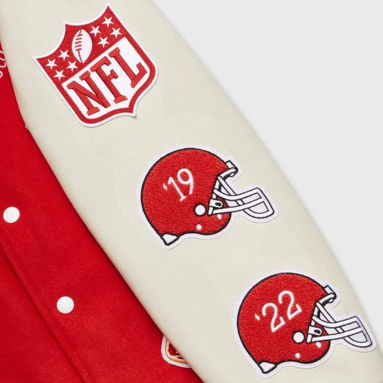 OVO Kansas City Chiefs Red Wool and White Genuine Leather Sleeves Men's Varsity Letterman Jacket