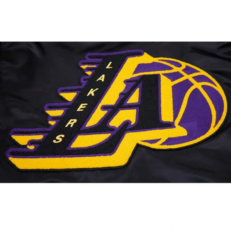 Los Angeles Lakers Mash Up Logo Full-Snap Varsity Black Satin Men's Bomber Jacket