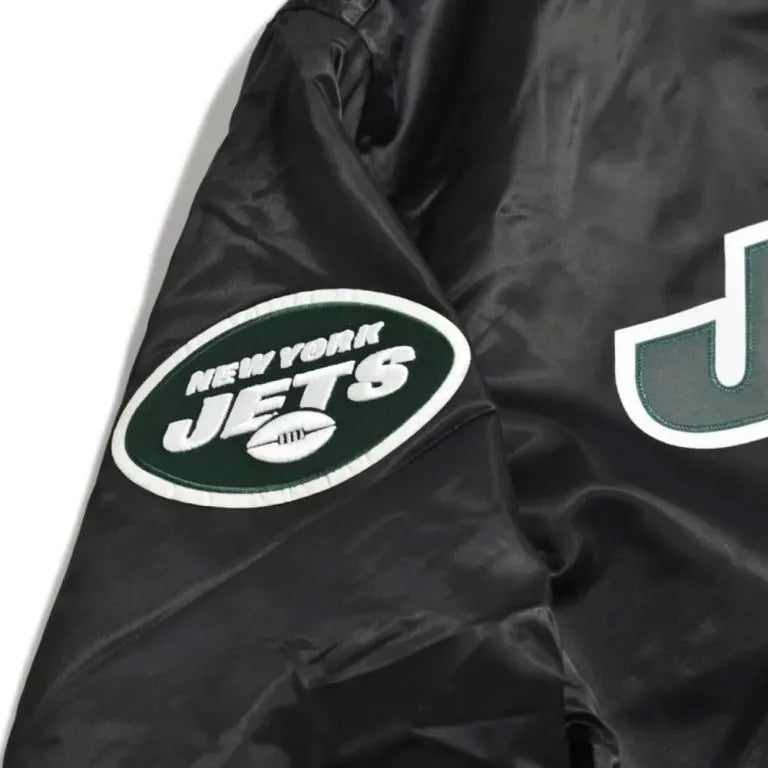 New York Jets Wordmark Full-Snap Varsity Black Satin Men's Bomber Jacket