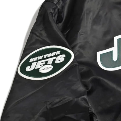 New York Jets Wordmark Full-Snap Varsity Black Satin Men's Bomber Jacket
