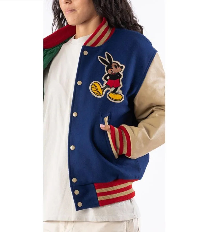Mickey Mouse Ozzy Rello Blue Wool & Beige Genuine Leather Sleeves Men's Letterman Varsity Jacket