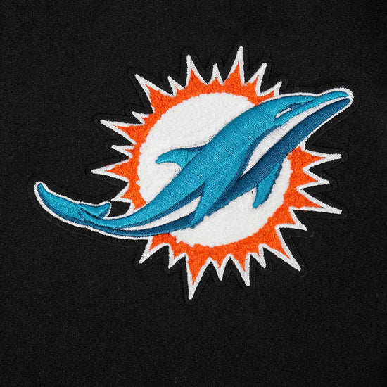 Miami Dolphins Script Tail Black Wool and White Genuine Leather Sleeves Men's Varsity Letterman Jacket