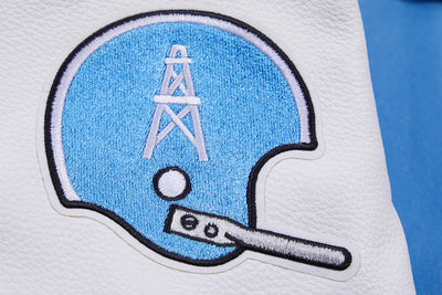 Houston Oilers Sky Blue Wool and White Genuine Leather Sleeves Men's Varsity Letterman Jacket