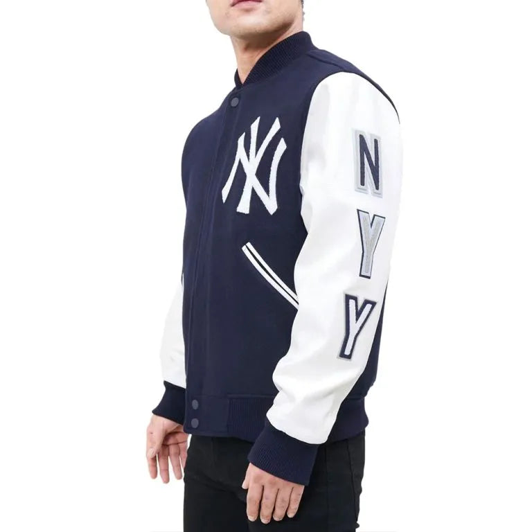 New York Yankees Logo Blended Varsity Navy Blue Wool & White Leather Men's Jacket