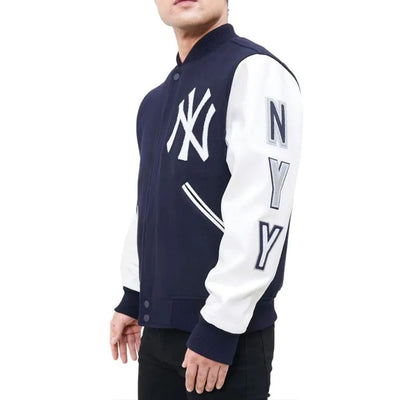 New York Yankees Logo Blended Varsity Navy Blue Wool & White Leather Men's Jacket