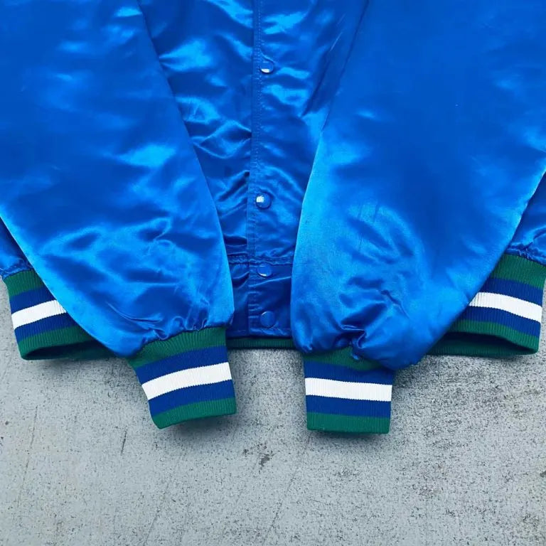90’s Minnesota Timberwolves Full-Snap Varsity Blue Satin Men's Bomber Jacket