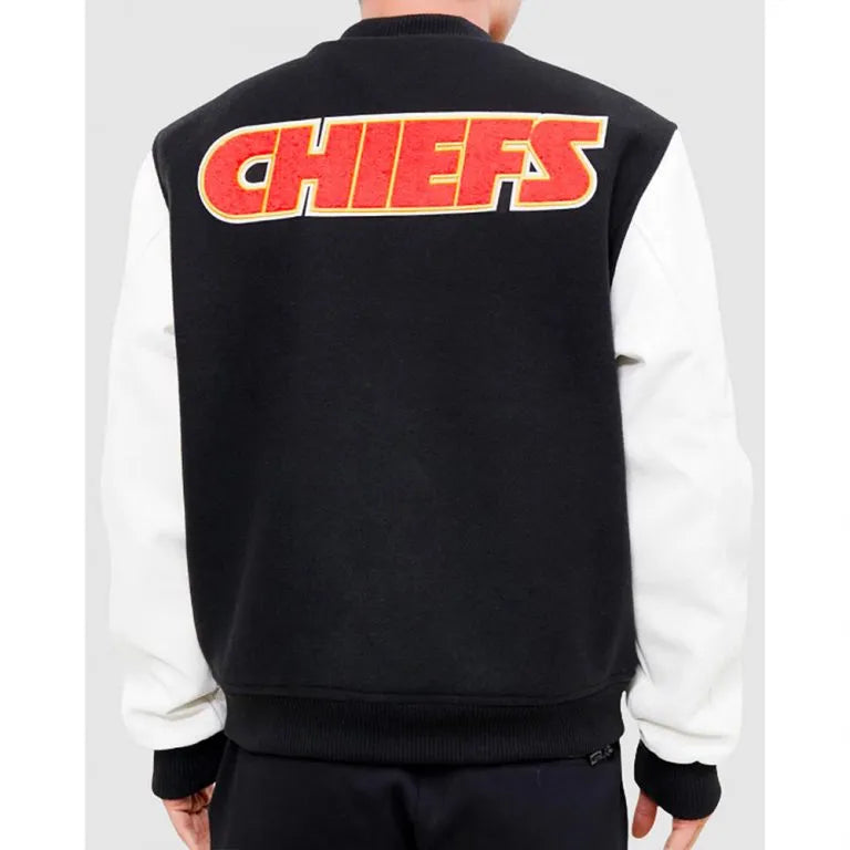 Kansas City Chiefs Black Wool and White Genuine Leather Sleeves Men's Varsity Letterman Jacket