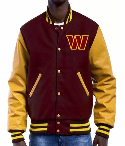 Washington Commanders Brown Wool & Yellow Genuine Leather Sleeves Men's Varsity Letterman Jacket