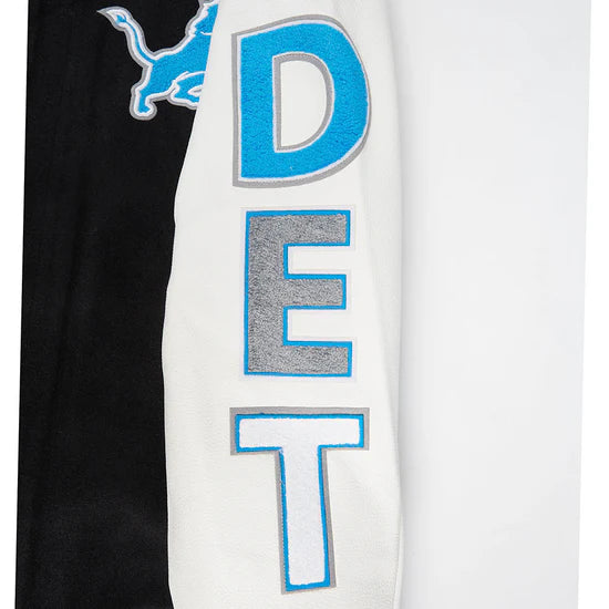 Detroit Lions Script Tail Black Wool & White Genuine Leather Sleeves Men's Varsity Jacket