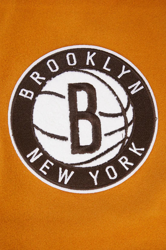 Brooklyn Nets NBA Orange Wool & Brown Genuine Leather Sleeves Men's Varsity Letterman Jacket