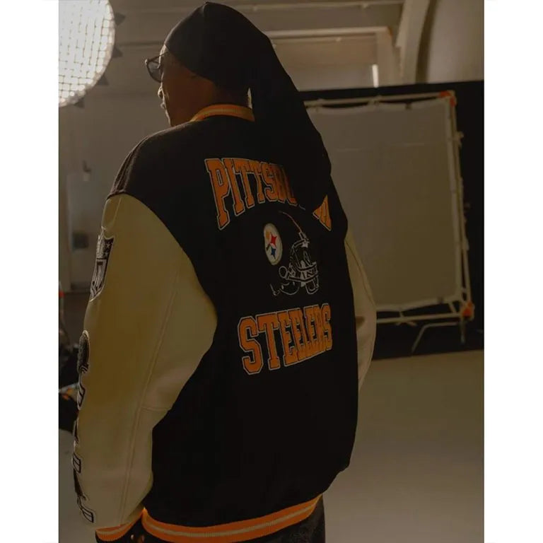 Pittsburgh Steelers Snoop Dogg OVO Black Wool & White Genuine Leather Sleeves Men's Varsity Letterman Jacket