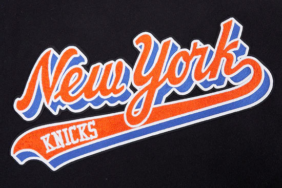 New York Knicks Script Tail Varsity Black Wool & Genuine Leather Sleeves Men's Letterman Jacket
