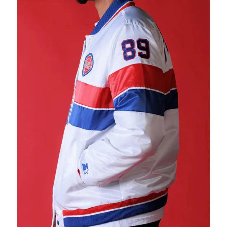 Detroit Pistons 35th Anniversary Full-Snap Varsity White Satin Men's Bomber Jacket