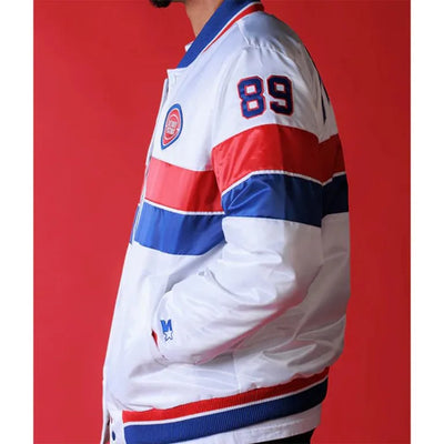 Detroit Pistons 35th Anniversary Full-Snap Varsity White Satin Men's Bomber Jacket