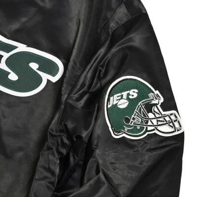 New York Jets Wordmark Full-Snap Varsity Black Satin Men's Bomber Jacket