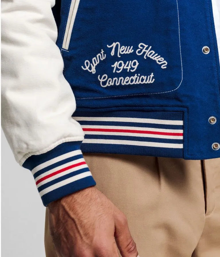 Gant The Gant Spring Blue Wool & White Genuine Leather Sleeves Men's Letterman Varsity Jacket