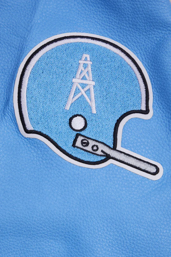 Houston Oilers Retro Classic Off-White Wool and Light Blue Genuine Leather Sleeves Men's Varsity Letterman Jacket