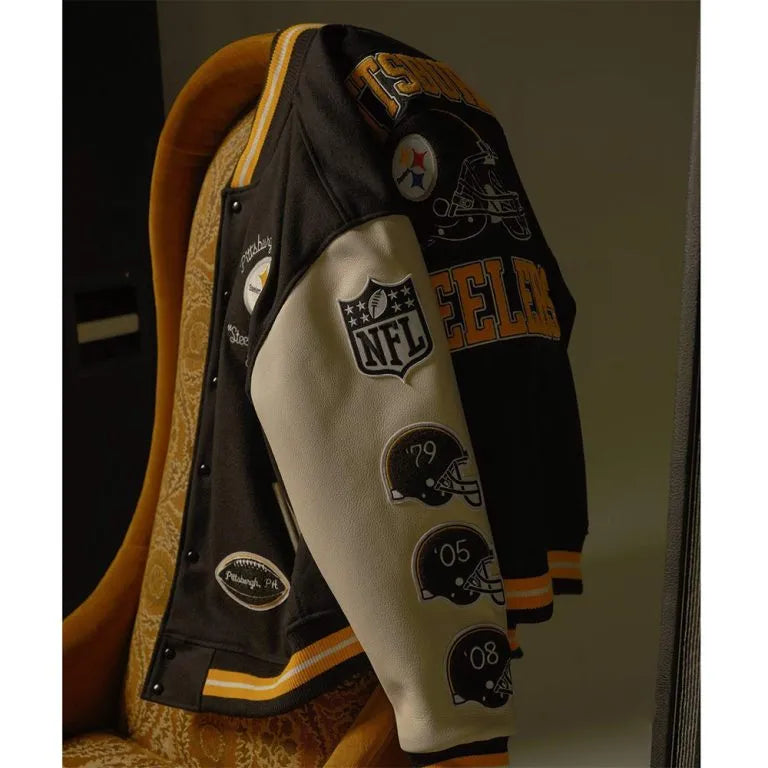 Pittsburgh Steelers Snoop Dogg OVO Black Wool & White Genuine Leather Sleeves Men's Varsity Letterman Jacket