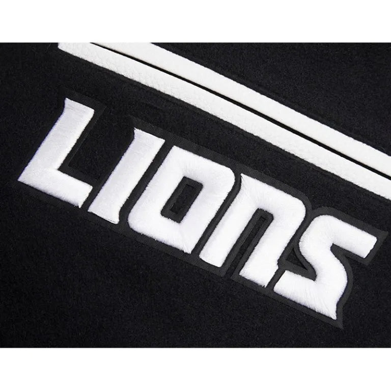 Detroit Lions Mashup Rib Black Wool & White Genuine Leather Sleeves Men's Varsity Jacket